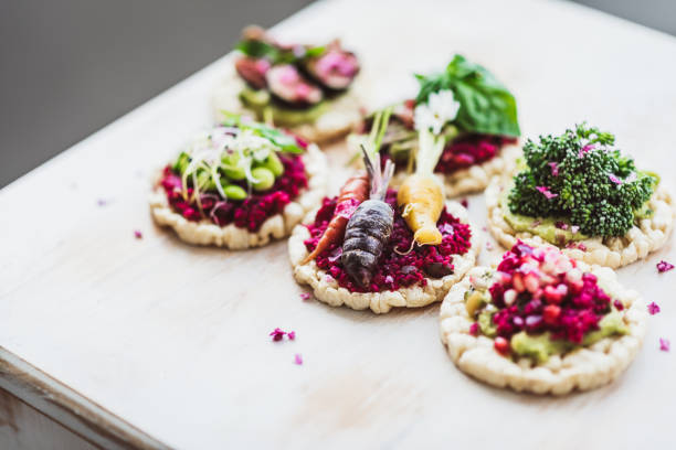 Delicious variety of topped Rice Crackers top vegan restaurants
